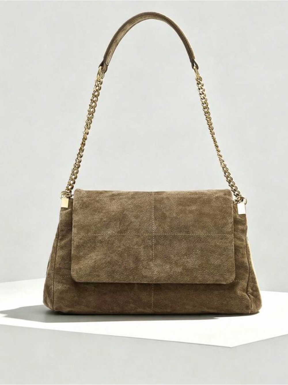 Faux Suede Shoulder flap Bag in Olive Brown with Gold Chain Strap